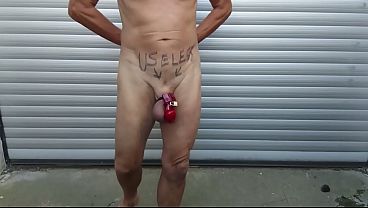 servenaked in peniscage pee outdoor and hot and horny fucks himself with different stuff