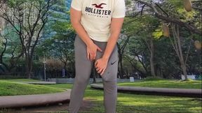 Public Cum in Grey Sweatpants