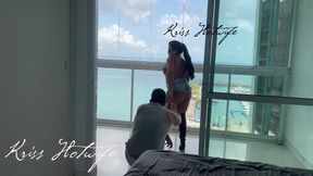 My husband's cuckold filming me showing off on the balcony to the males in the pool