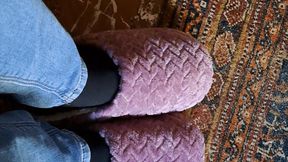 NEW PURPLE SLIPPERS AND BROKEN PANTYHOSE