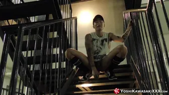 Tattooed Japanese Jock Yoshi Kawasaki Pounds His Ass with Huge Dildo in Hallway