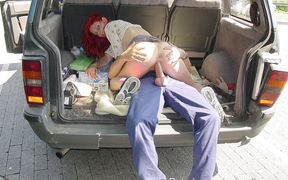 German redhead shocked by hardcore roadside car fuck