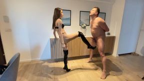 Goddess Ellyah and Faith - ballbusting trainign with leather boots in hotel