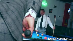 Suited men David Linset and Gustavo Cruz bareback with Steve Jouret