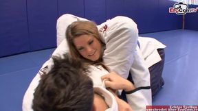 Judo coach fucks his busty judo student with brown hair hard during a private lesson