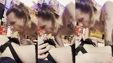 Shoving wife’s strap on cock deep down throat