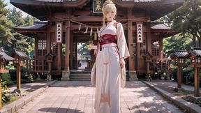 Blonde Kimono Girl's Shrine Secret! Kneeling Under the Torii Gate in a Beige Modified Kimono