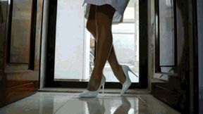 White dress, white Classic Pumps, tan-nylons part 2 MP4(1920x1080)FHD