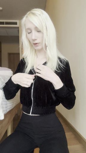 Teeny bopper shows off her perky tits in a group setting