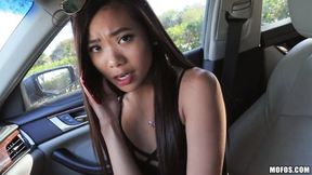 An innocent Asian teen with round ass Vina Sky fucked on the backseat