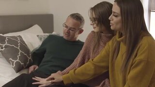 Submissive brunette teen sucking a stepfam cock to start FFM