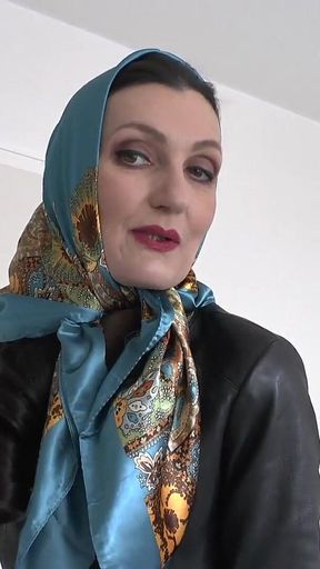 Satin Headscarf Fashion Show, Satin Headscarf and Leather Jacket, JOI Lady Victoria Valente