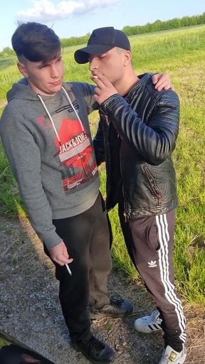 Gay Couple Smoke, Kiss, Blowjob and Cum Outdoor