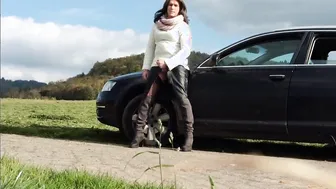 Mature Crossdresser Masturbates Outdoors While Smoking