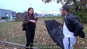 Chubby beauty gives a deepthroat sucking under an umbrella in a van