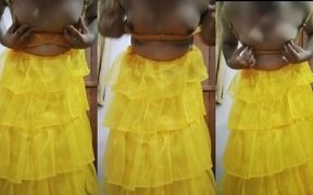Indian Gay Crossdresser Bottom Pressing and Playing with Her Big Boobs in Yellow Gown Real Homemade Sex
