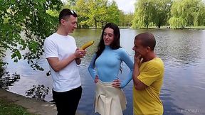 Outdoor flashing turned into anal DP threesome with a hot teen Brunette  Briseide Myers