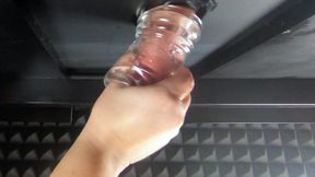 Massaging clients cock with a fuck sleeve (milking table) Loud stroking sounds with lots of cum