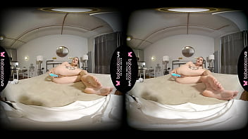 Naughty Amanda Clarke rubs her bald pussy in VR