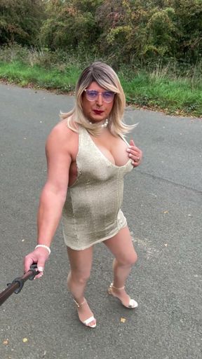 Sexy Crossdresser Kellycd2022 in out for a drive in gold dress and shiny seamless pantyhose   Clip 1