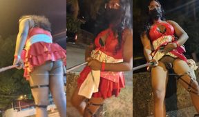 Tgirl in red leather trailer caught exposing in public