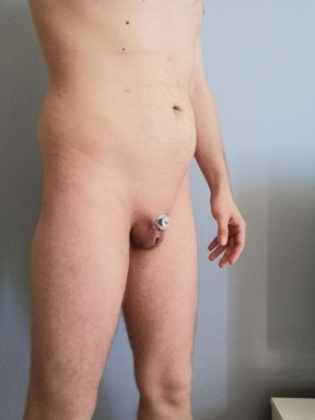 Adashah uses a bottle cap and Super Glue on his micro penis, chastity and piss