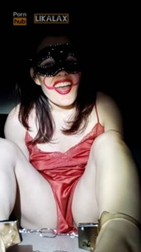 Cosplay. Charming LIKA LAX penny wise clown crawls in handcuffs and masturbates with food