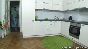 Russian virgin gets double-fucked in kitchen delight