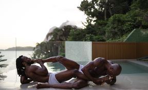 Muscular black gods share the soft sheets for merciless sex