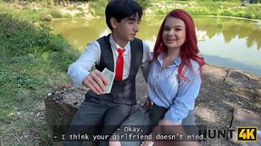 Luxury redhead fucks gifted stranger in the open while her cuck BF watches