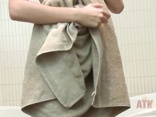 This super cute brunette hair lathers and rinses her hawt skinny body in the shower