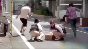 Bunch of perverts are rushing and trying to chase some attractive Japanese girls