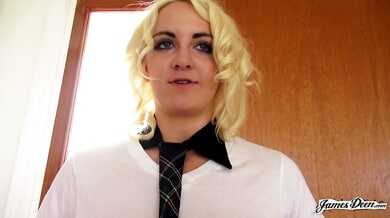 Blonde Marilyn Moore in glasses gives titjob and handjob in school-inspired outfit