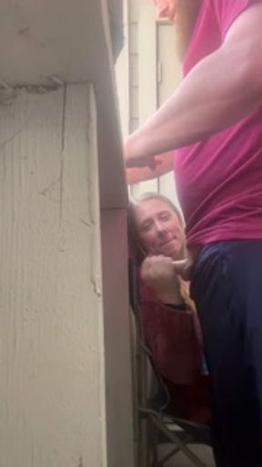 Babysitter jerks cock off on the patio during a busy day