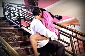 Hot babe sucks long dick on the stairs