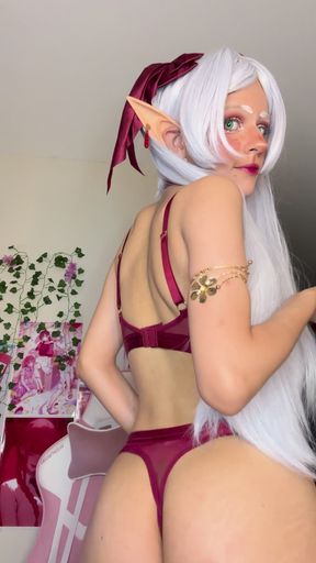 sexy red lingerie with frieren cosplay and wine