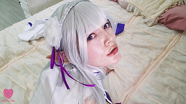 Emilia from Re Zero came to the real world, clearly wanting to have sex in order to get human cum