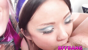 BFFs Lulu Chu & two more gals endure getting railed by a mature dude