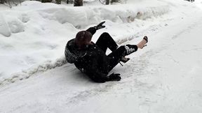 High heels mules on an extremely slippery icy road, high heel sliding, slippery shoes, high heels on ice.