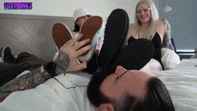 Human ATM For Two Goddesses Foot Smelling Handjob w huge Cumshot on own Face