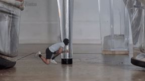 Cruel giantess in high heels foot dominate a defenseless tiny man