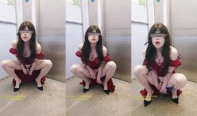 Blindfold Chastity Sissy Gushes Cum Flood in Risky Elevator Squat