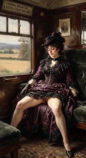 Victorian-era woman in corset on train