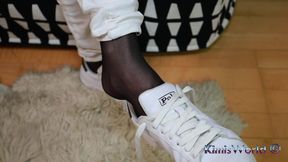 White Sneakers - White Jeans - Black Reinforced Toe Pantyhose