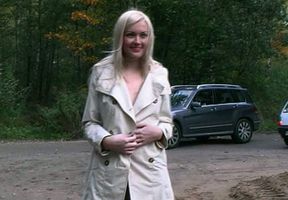 Stunning skinny blonde Russian girl in coat flashes her goodies on the street