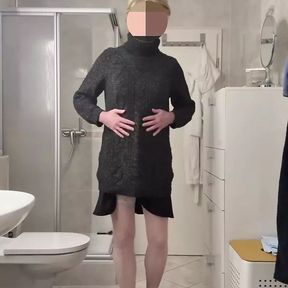 Masturbation in black skirt and warm knitted sweater