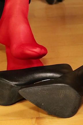 Red Stockings, High Heels &amp; Black Leggings Tease