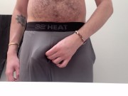 freeballing leads to jerking off my big hairy thick cock through the fly of my grey sweatpants
