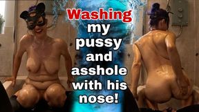 Washing my Pussy Using His Face - Femdom Shower & Toilet Slave