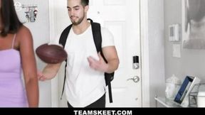 Busty ebony Tori Montana takes football players' cum in her cooch